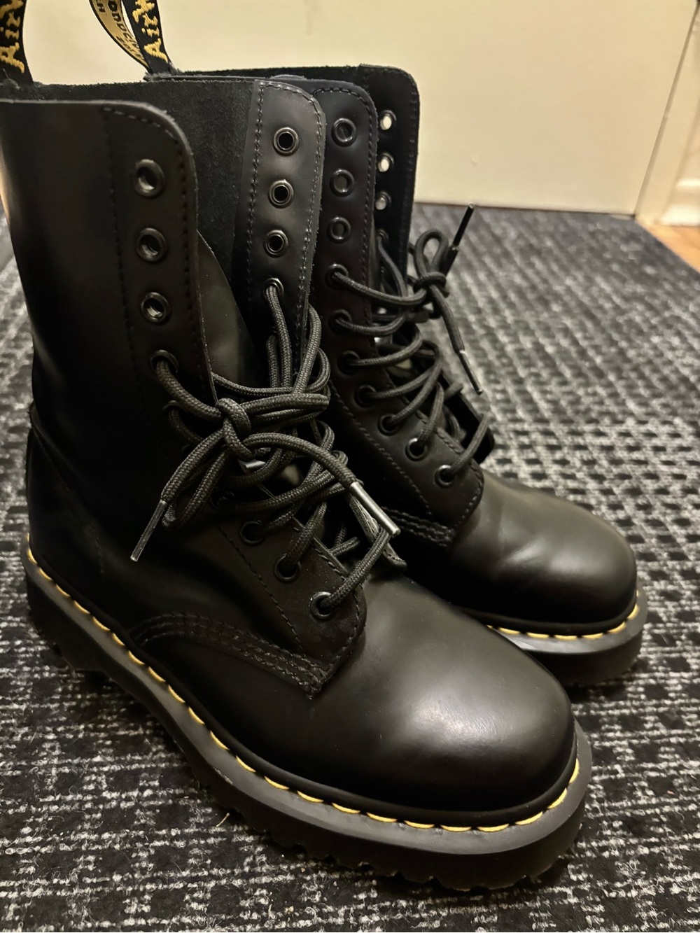 Dr. Martens Black Leather 8-Eye Lace-Up Boots with Yellow Stitching